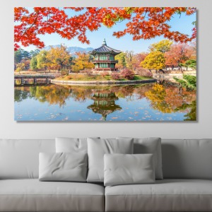 붉은 단풍과 경복궁 와이드 풍경 사진 그림 액자 100 x 63 cm